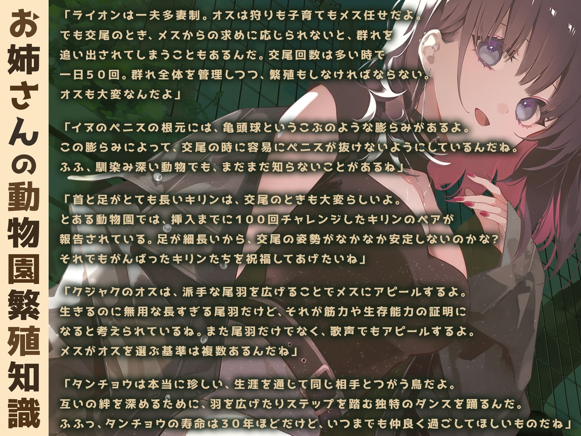 【学術的ASMR】ダウナーお姉さんがキミにだけ教える匂わせ「動物園」性知識ガイド【CV.明坂聡美】 サンプル画像 5